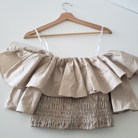 SELF-PORTRAIT- Ruffle Off Shoulder Cotton Poplin Top - Picture 11 of 15